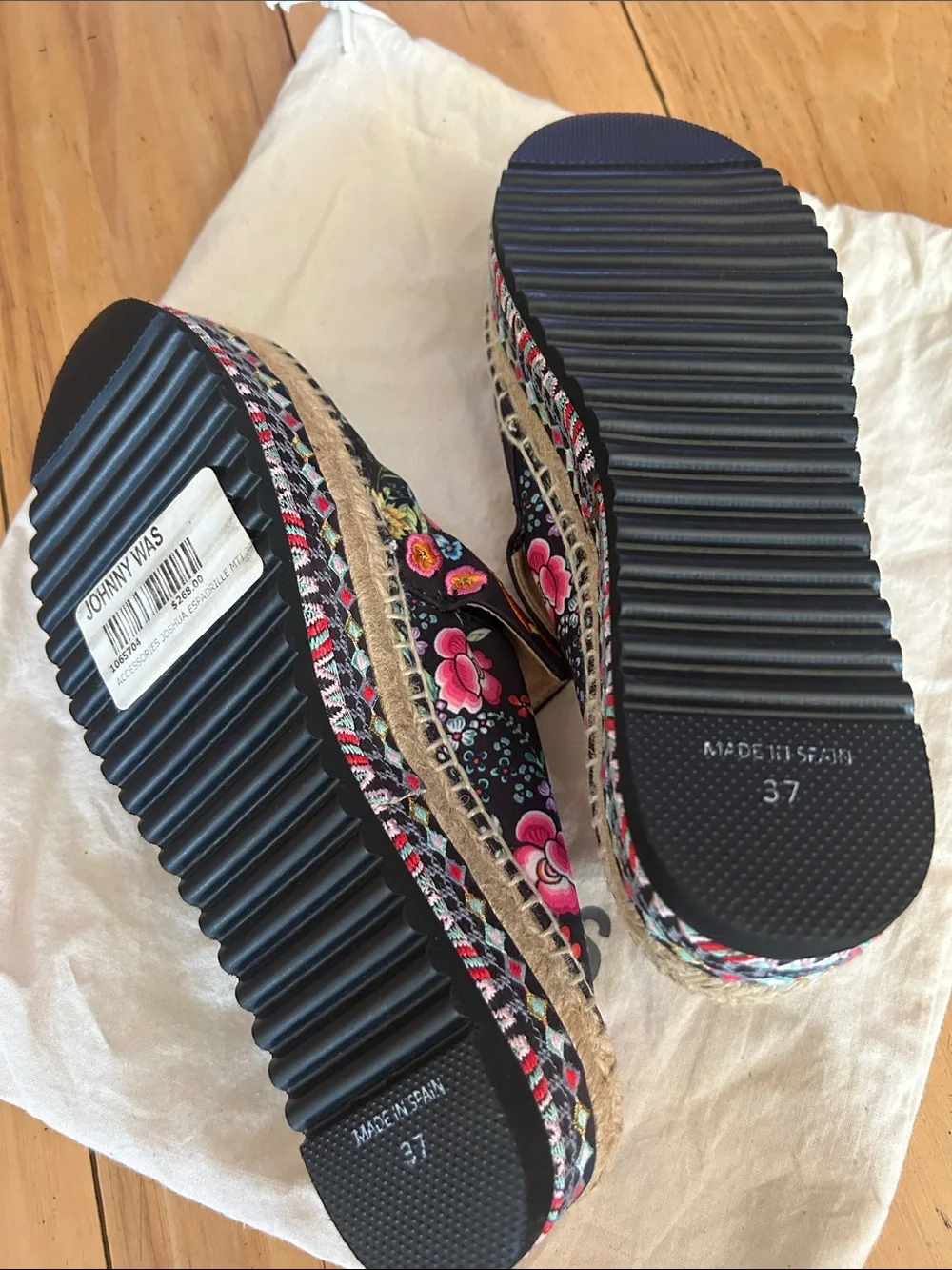 Johnny Was Black Espadrille Slip-Ons with Multicolor Floral Embroidery